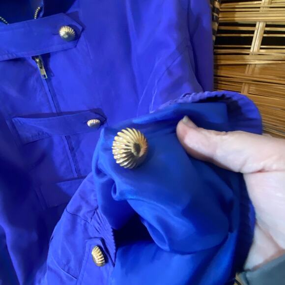 Vintage Hunt Club 100% Silk Jacket XL Cobalt Purple Gold Button 80s Bomber - Picture 6 of 9